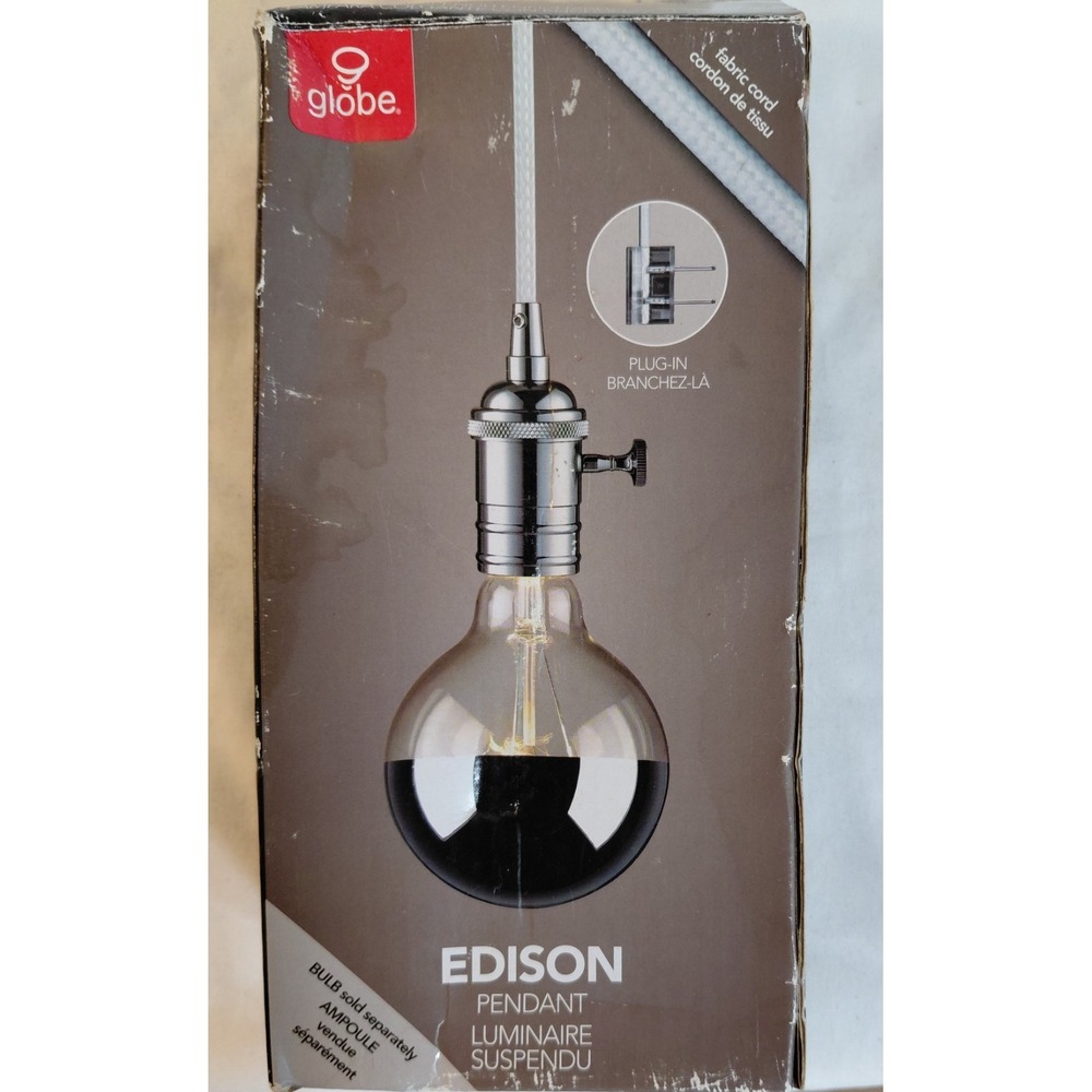Globe Edison Plug-In Pendant Light Chrome White Fabric Cord 15 Ft New In Box